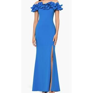 Xscape Women's Long Crepe Off The Shoulder Ruffle Size 10